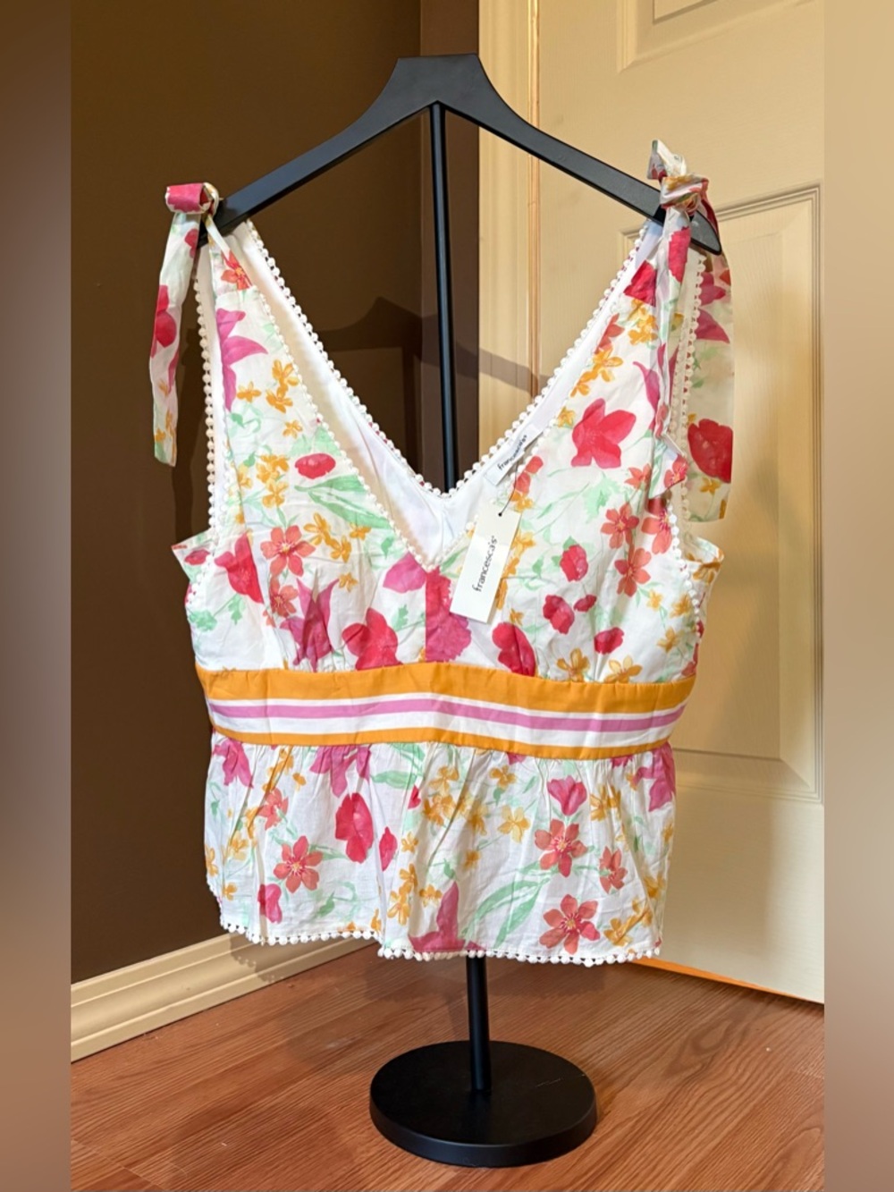 Floral Tie-Shoulder V-Neck Tank with Yellow Waistband